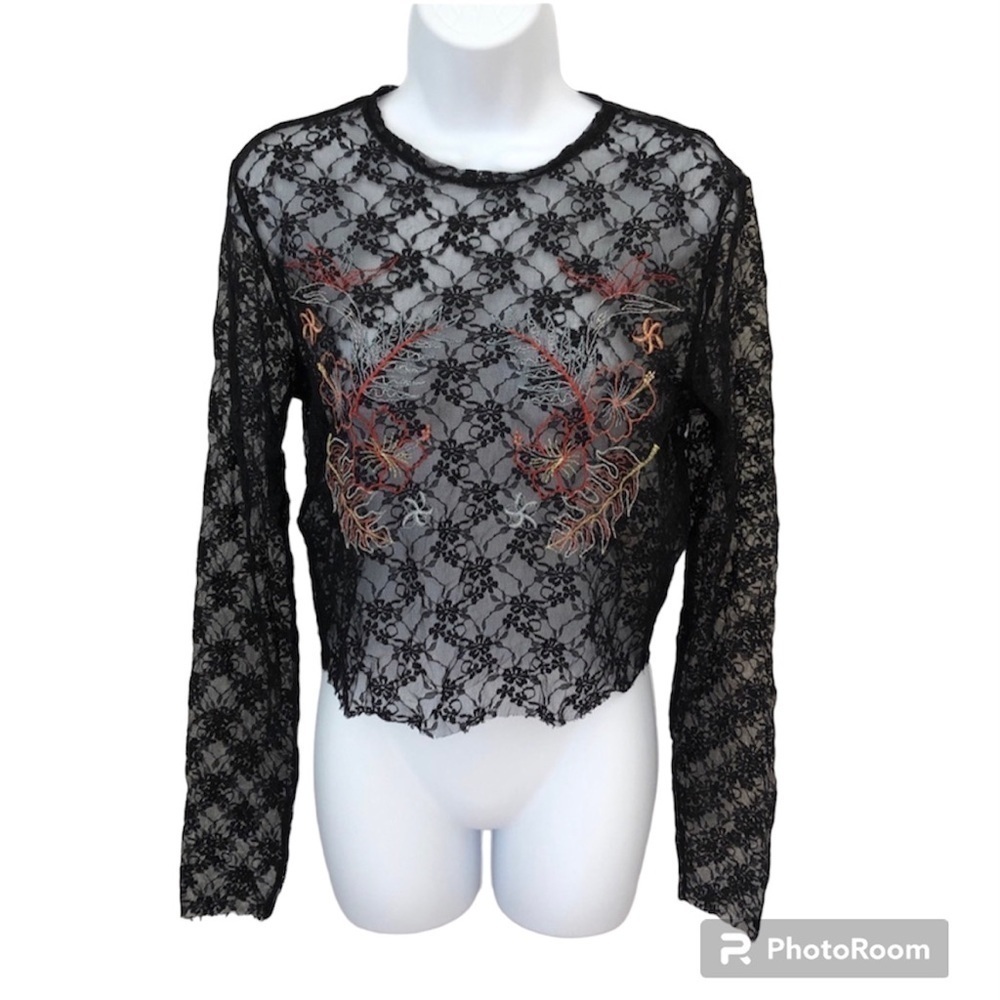 Zara Trafaluc lace sheer long sleeve cropped embroidered shirt